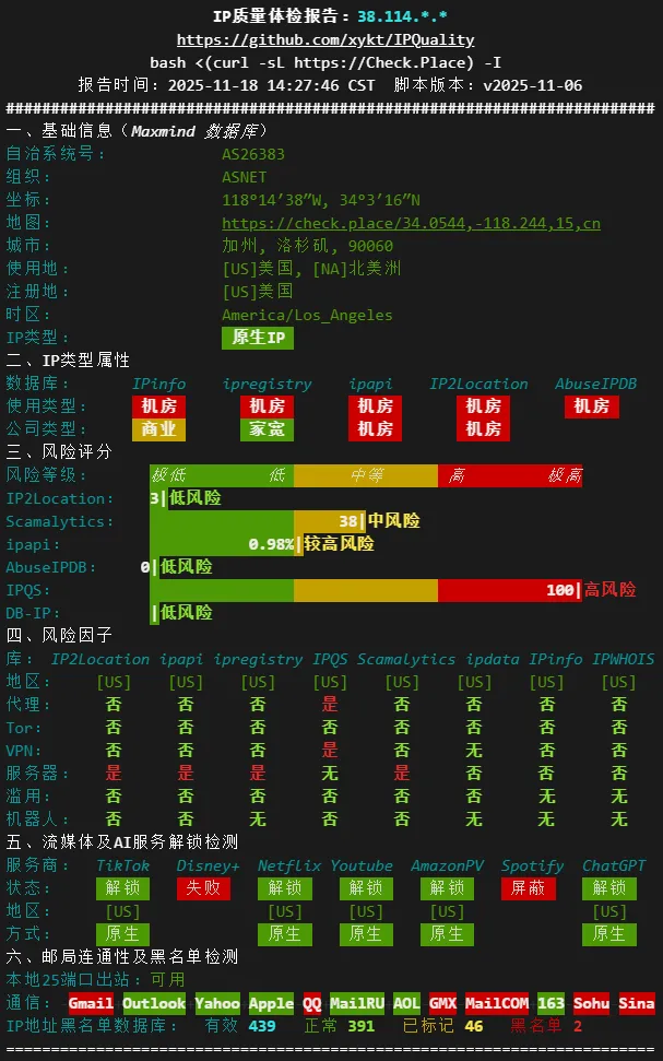 JustHost 洛杉矶 IP 质量检测