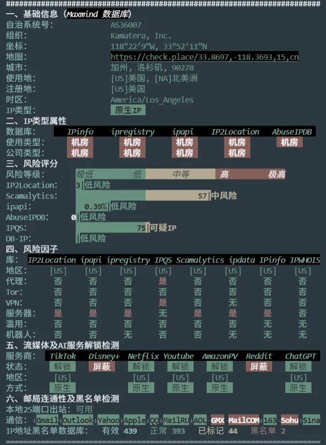 Kamatera 洛杉矶机房 IP 质量综合检测截图