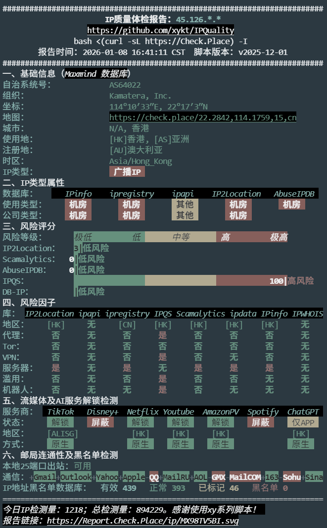 Kamatera 香港节点 IP 质量体检报告