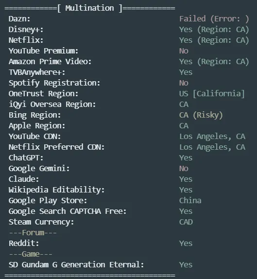 全球云(LOCVPS)流媒体平台解锁测试结果截图