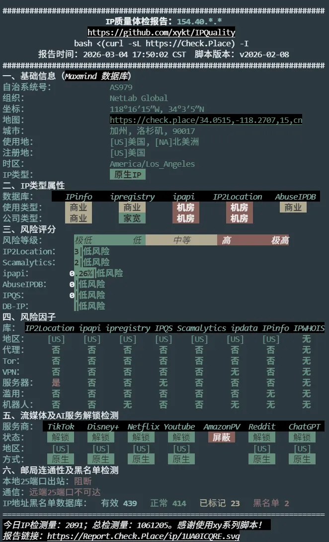 IP 质量综合检测截图,展示整体干净且低风险的原生 IP 属性